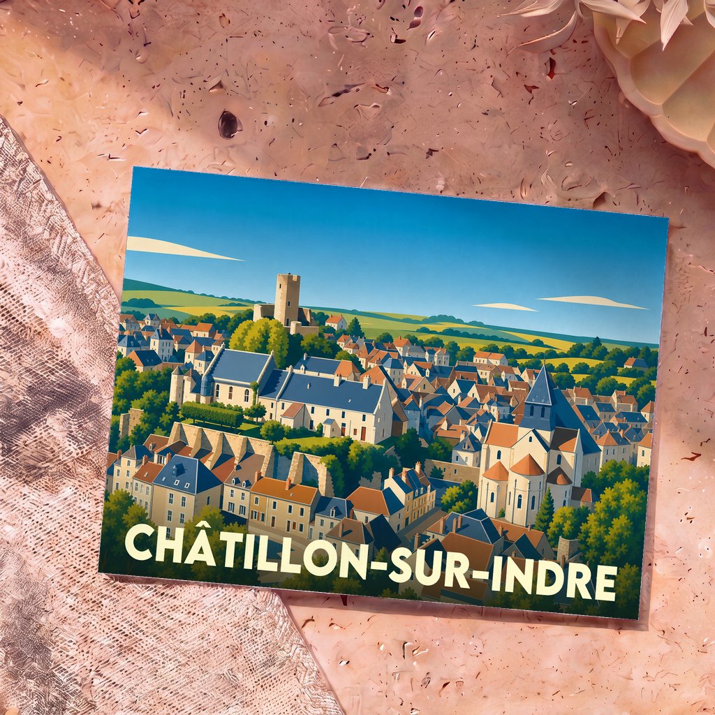Carte postale souvenir de la ville de Châtillon-sur-Indre illustrant son architecture historique de manière stylisée.
