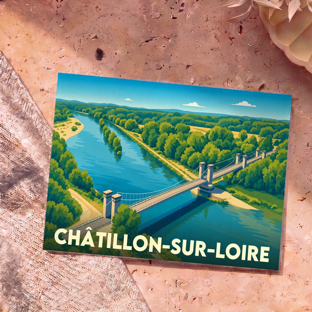 Carte postale souvenir de la ville de Châtillon-sur-Loire avec une illustration stylisée de son pont suspendu enjambant la Loire.