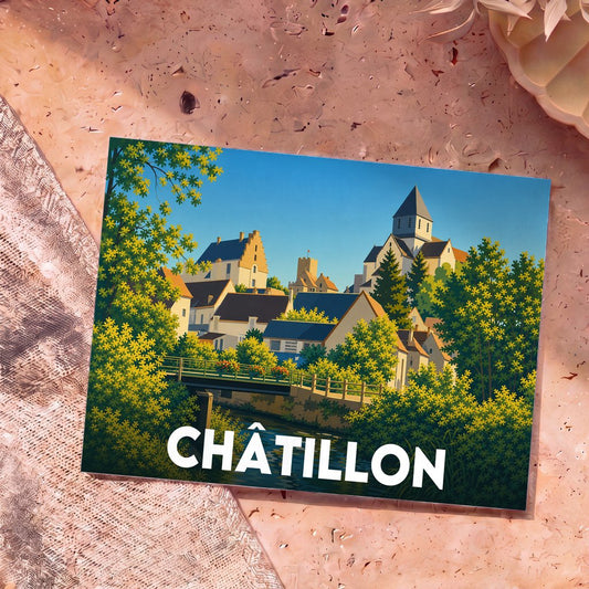 Carte postale souvenir de la ville de Châtillon avec une illustration stylisée et colorée.