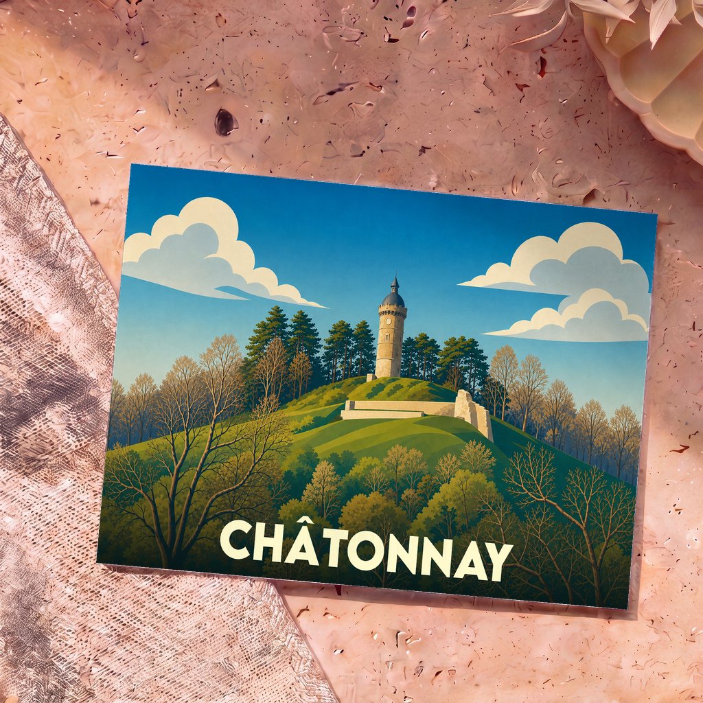 Carte postale souvenir de la ville de Châtonnay arborant une illustration stylisée d'une tour sur une colline arborée.