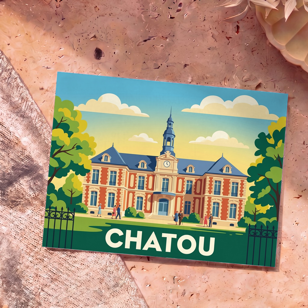 Carte postale souvenir de la ville de Chatou arborant une illustration colorée de l'hôtel de ville.