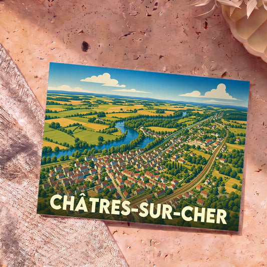 Carte postale souvenir de Châtres-sur-Cher illustrant la ville, la rivière et les champs environnants dans un style graphique épuré.