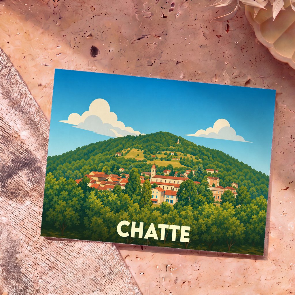 Carte postale souvenir de la ville de Chatte avec une illustration stylisée d'un village niché dans une colline boisée.