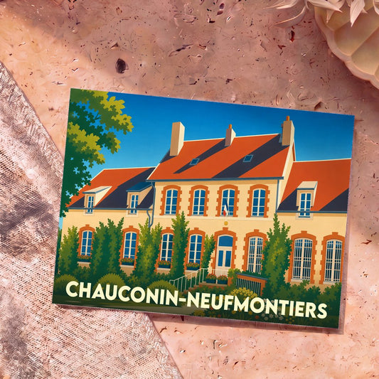 Carte postale souvenir de la ville de Chauconin-Neufmontiers avec une illustration stylisée de sa mairie.