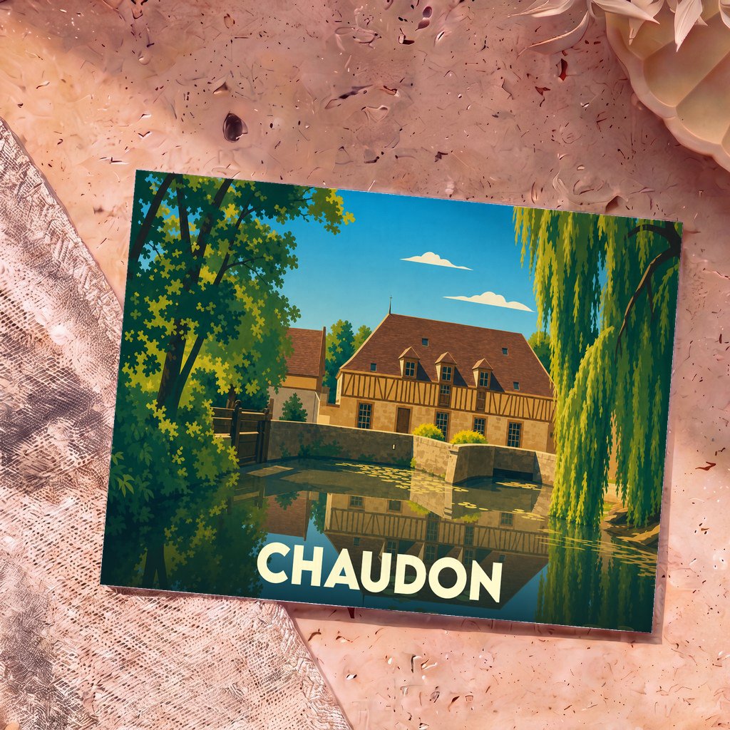 Carte postale souvenir de la ville de Chaudon illustrant un moulin traditionnel au bord de l'eau.