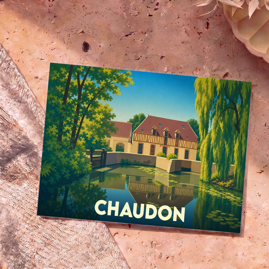 Carte postale souvenir de la ville de Chaudon illustrant un moulin à colombages au bord de l'eau.