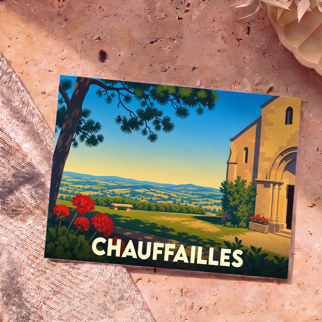 Carte postale souvenir de la ville de Chauffailles avec une illustration stylisée et colorée de son paysage.