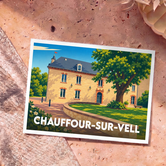 Carte postale souvenir de la ville de Chauffour-sur-Vell avec une illustration stylisée d'une grande demeure en pierre et de son jardin.