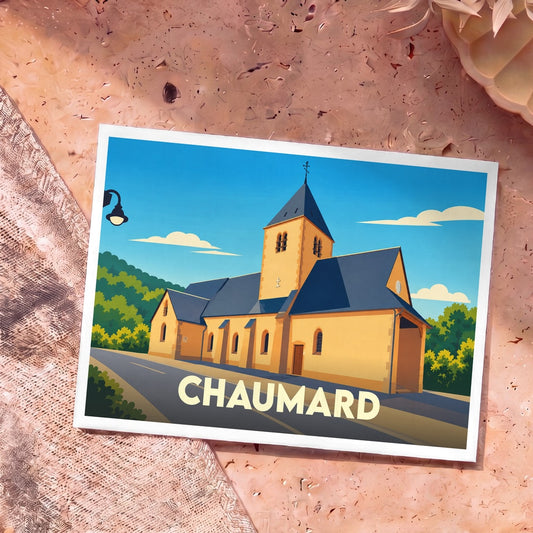 Carte postale souvenir de la ville de Chaumard avec une illustration stylisée de son église.