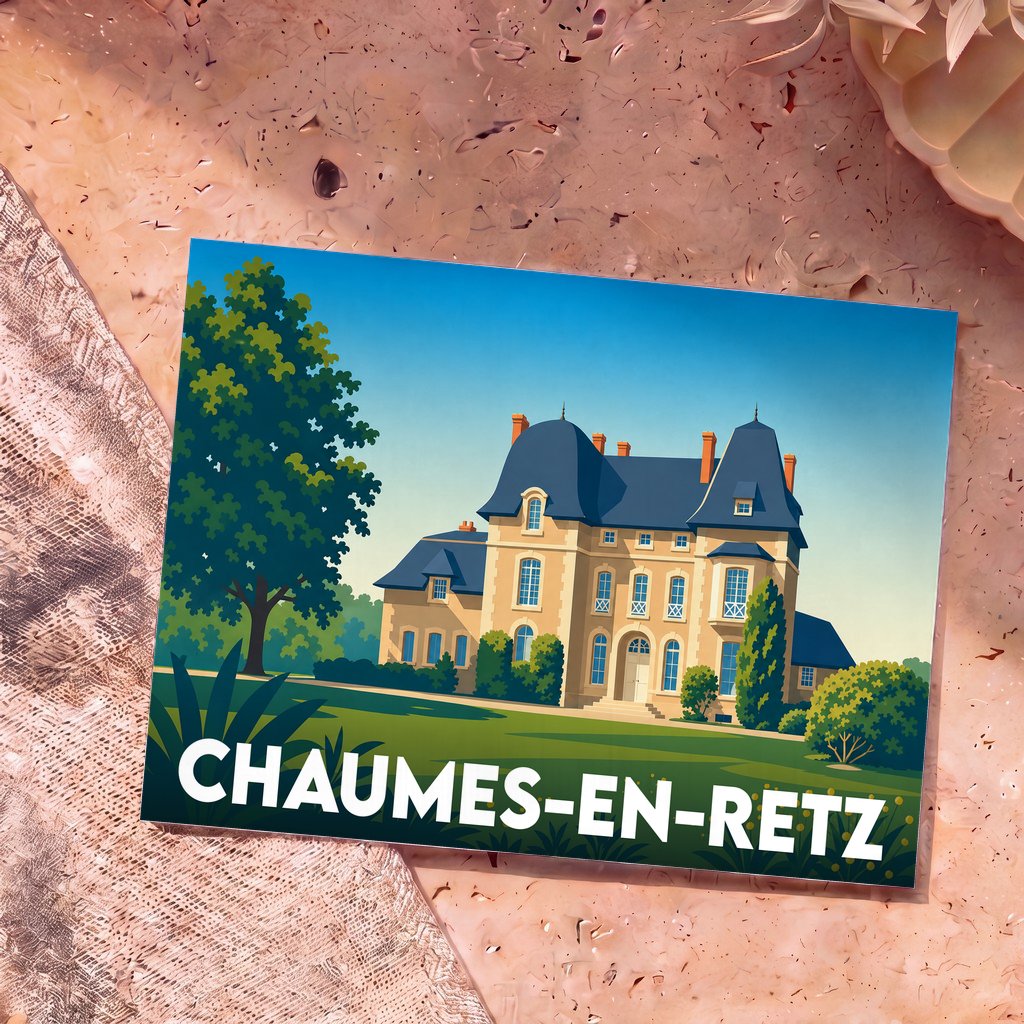 Carte postale souvenir de la ville de Chaumes-en-Retz avec une illustration stylisée d'un château.