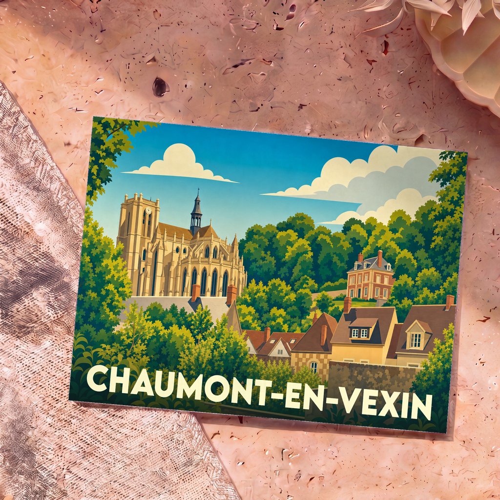 Carte postale souvenir de la ville de Chaumont-en-Vexin avec une illustration stylisée montrant l'église et les maisons locales.
