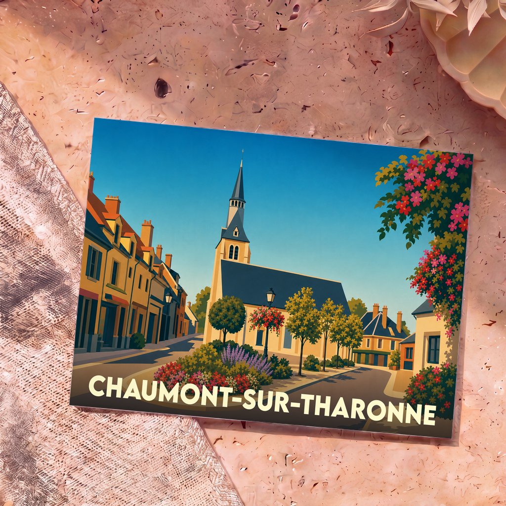 Carte postale souvenir de la ville de Chaumont-sur-Tharonne avec une illustration stylisée de son église et de ses maisons fleuries.