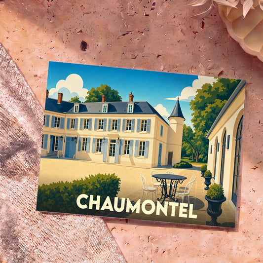 Carte postale souvenir de la ville de Chaumontel avec une illustration stylisée d'un manoir ensoleillé.