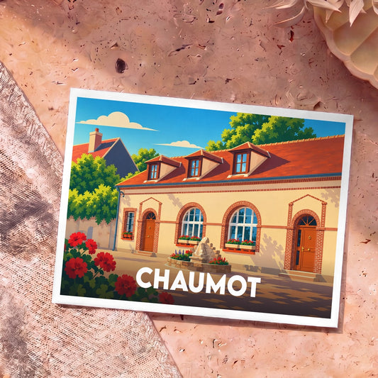 Carte postale souvenir de la ville de Chaumot illustrant un bâtiment de caractère aux briques rouges sous un ciel bleu ensoleillé.