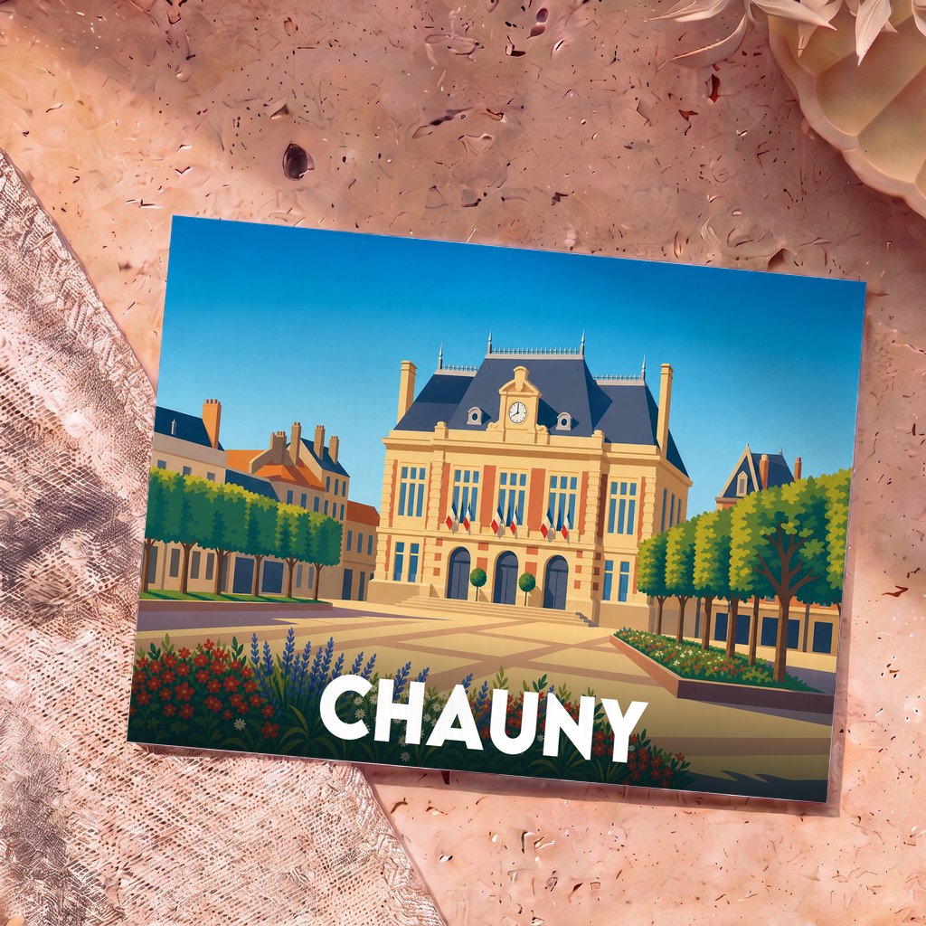 Carte postale souvenir de la ville de Chauny avec une illustration stylisée de son hôtel de ville.