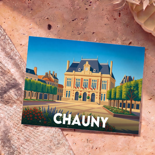 Carte postale souvenir de la ville de Chauny avec une illustration stylisée de son hôtel de ville.