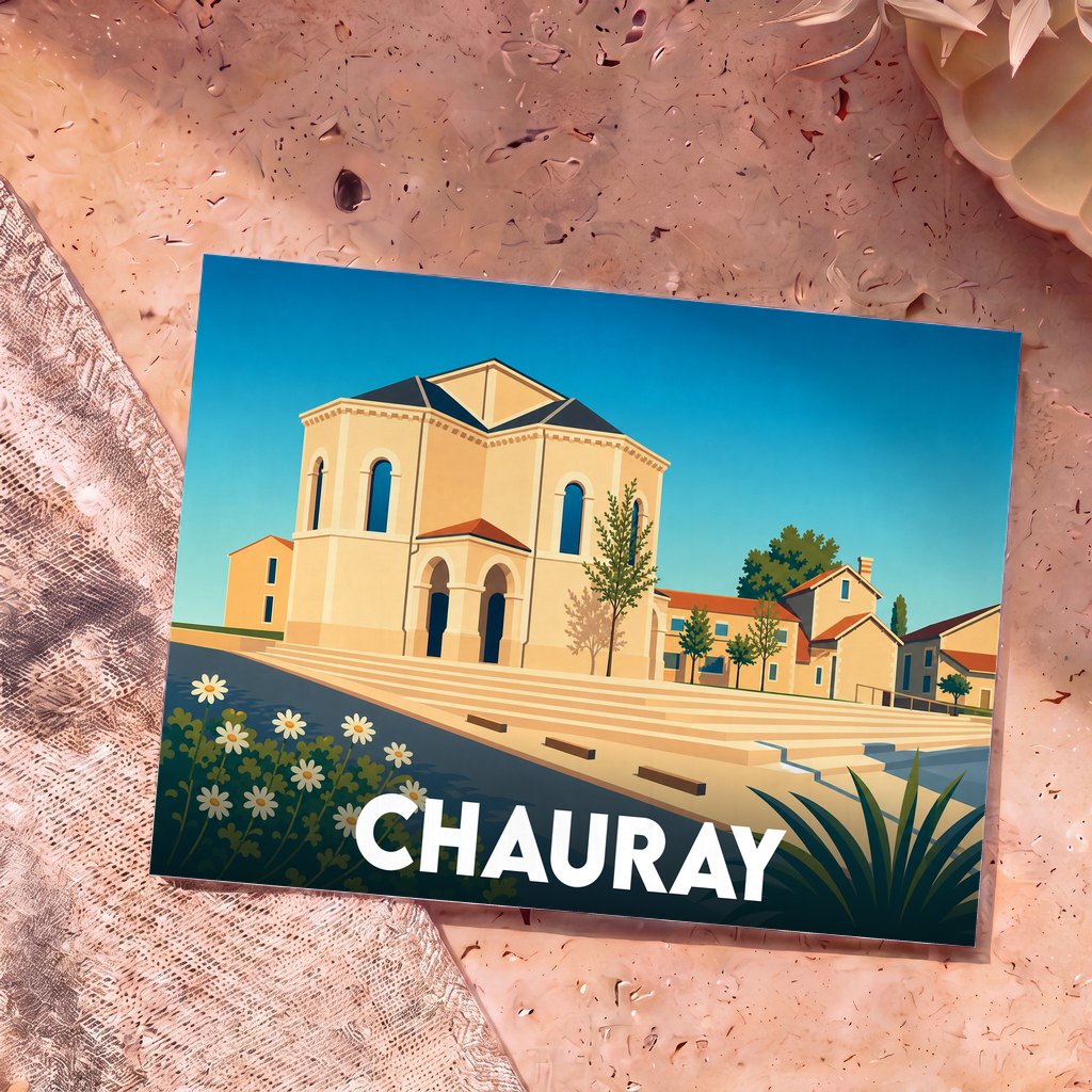 Carte postale souvenir de la ville de Chauray avec une illustration stylisée de son patrimoine architectural.