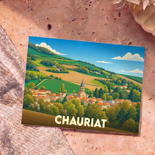Carte postale souvenir de la ville de Chauriat illustrée par un paysage vallonné et son église.