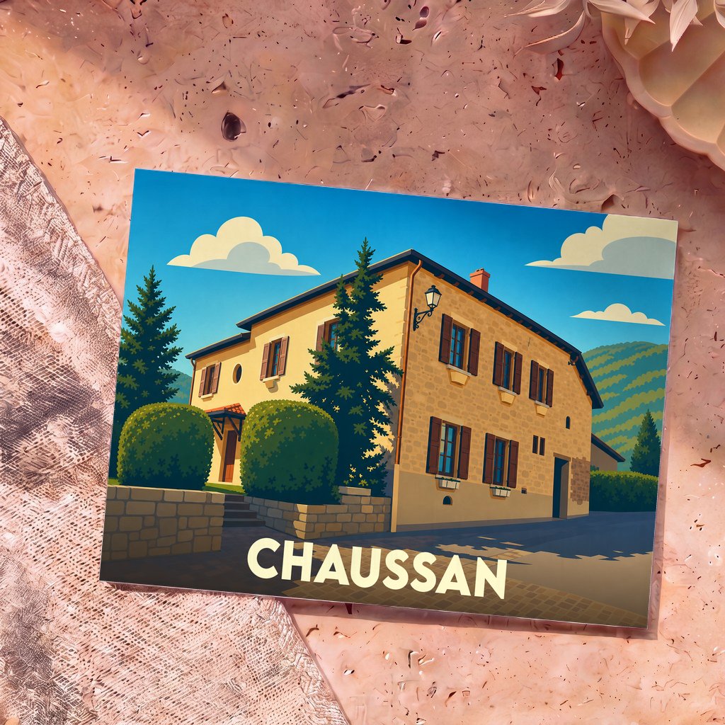 Carte postale souvenir de la ville de Chaussan avec une illustration stylisée d'une maison traditionnelle en pierre.