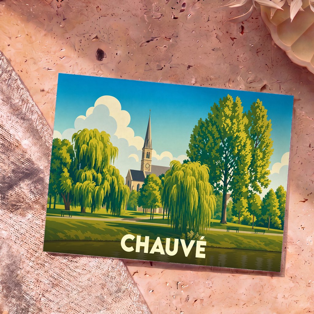 Carte postale souvenir de la ville de Chauvé avec une illustration stylisée d'une église et d'un parc.