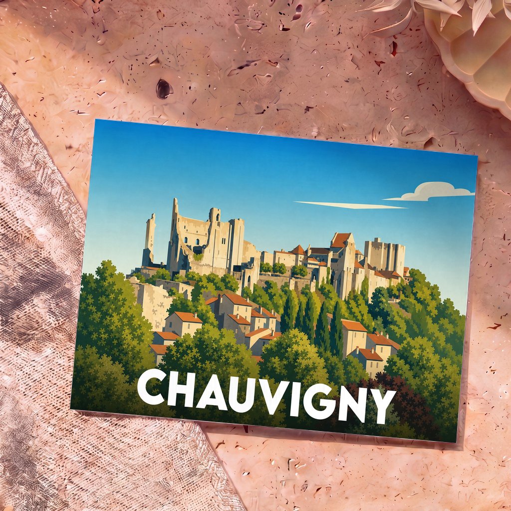 Carte postale souvenir de la ville de Chauvigny avec une illustration stylisée de sa cité médiévale et de ses châteaux.