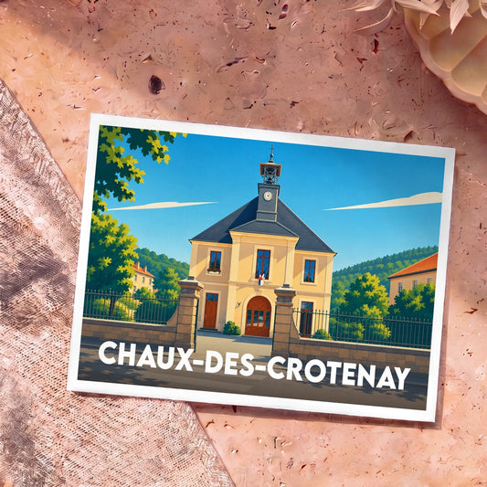 Carte postale souvenir de la ville de Chaux-des-Crotenay illustrant la mairie avec un style graphique épuré.