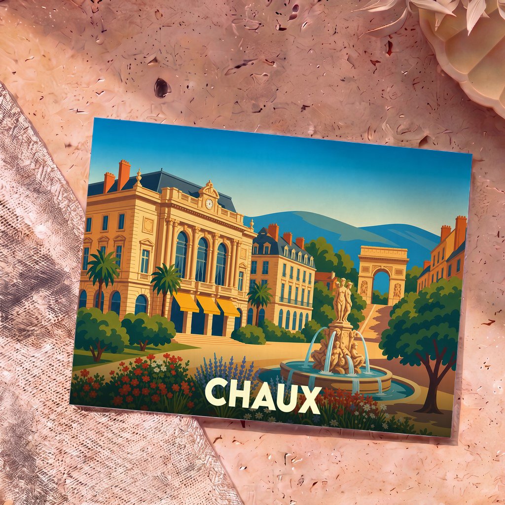 Carte postale souvenir de la ville de Chaux avec une illustration stylisée de son architecture et d'une fontaine.