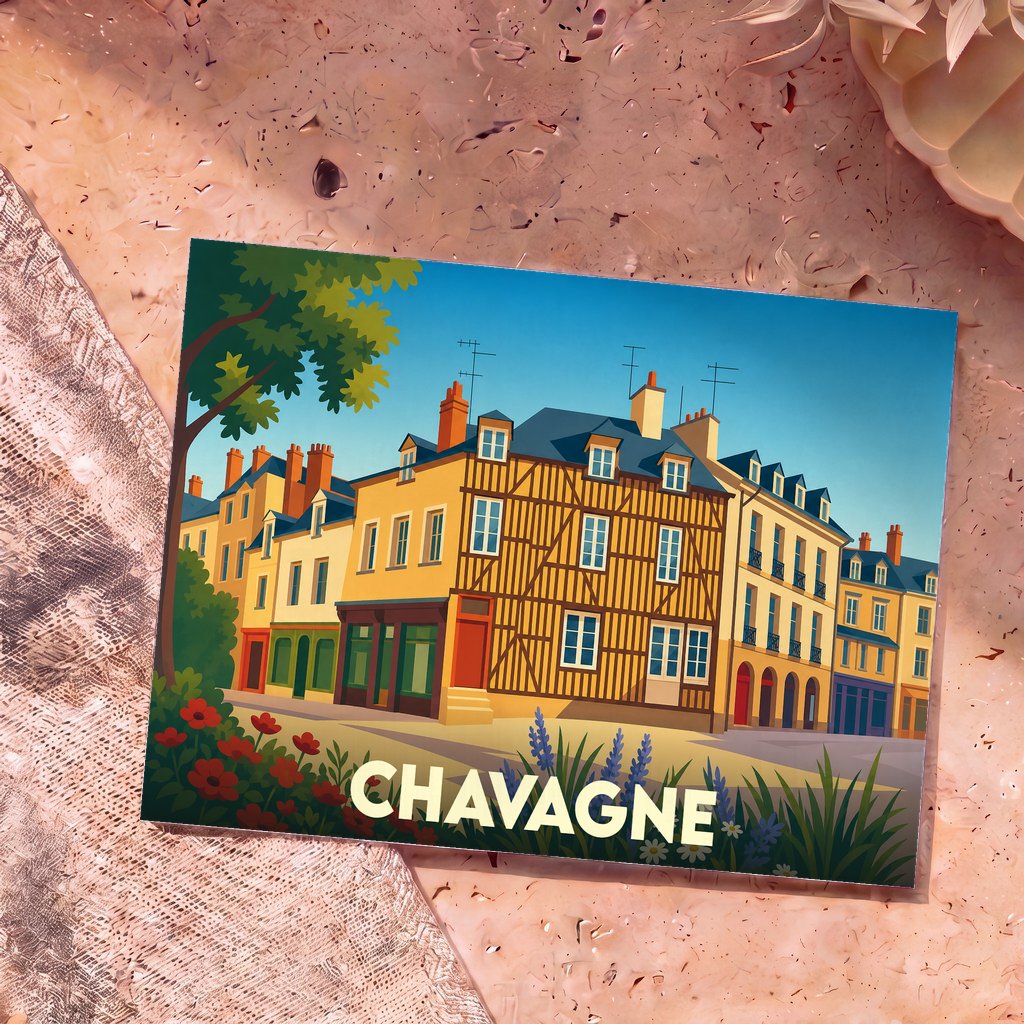 Carte postale souvenir de la ville de Chavagne avec une illustration stylisée de maisons à colombages.