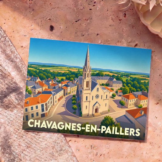 Carte postale souvenir de la ville de Chavagnes-en-Paillers avec une illustration stylisée.