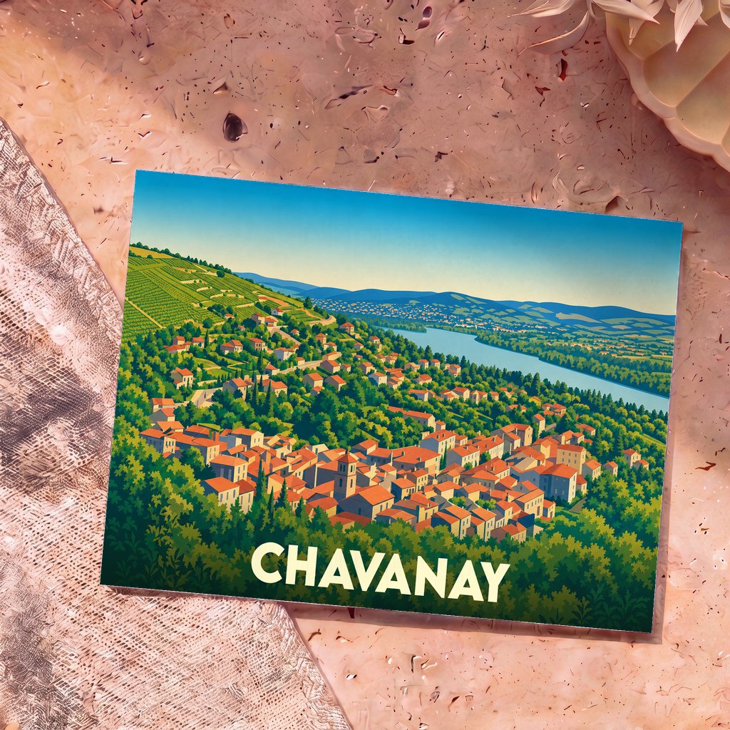 Carte postale souvenir de la ville de Chavanay avec une illustration stylisée de ses toits rouges, de ses vignobles et du Rhône.