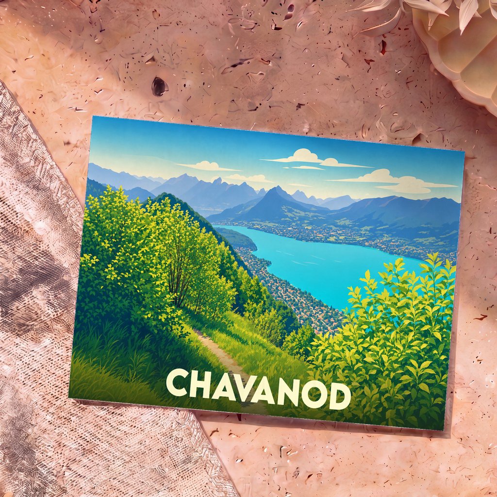Carte postale souvenir de la ville de Chavanod avec une illustration stylisée d'un panorama montagneux surplombant un lac.