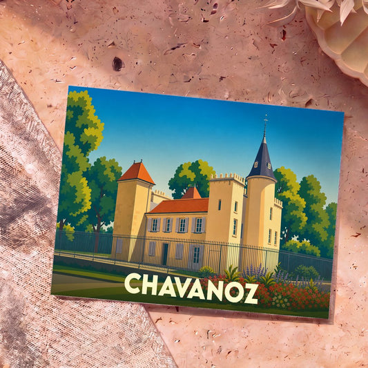 Carte postale souvenir de la ville de Chavanoz avec une illustration stylisée de son château.