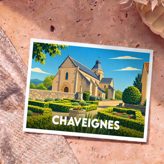 Carte postale souvenir de la ville de Chaveignes avec une illustration stylisée de son église et de ses jardins.
