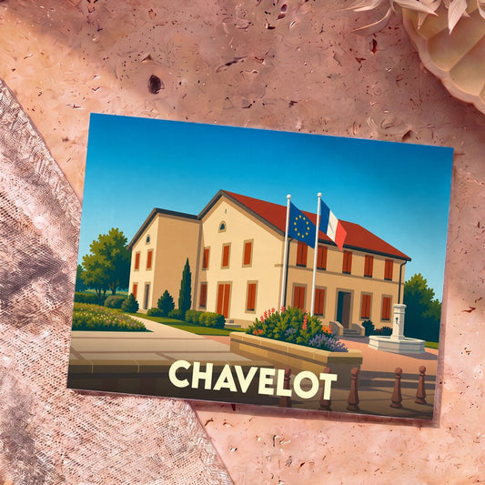 Carte postale souvenir de la ville de Chavelot avec une illustration stylisée de sa mairie.