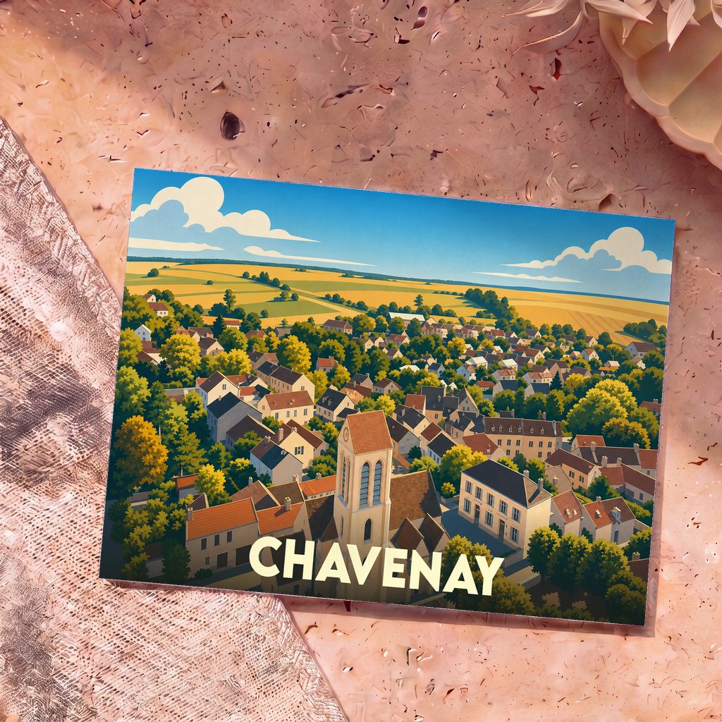 Carte postale souvenir de la ville de Chavenay avec une illustration panoramique stylisée.