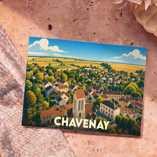 Carte postale souvenir de la ville de Chavenay avec une illustration panoramique stylisée.