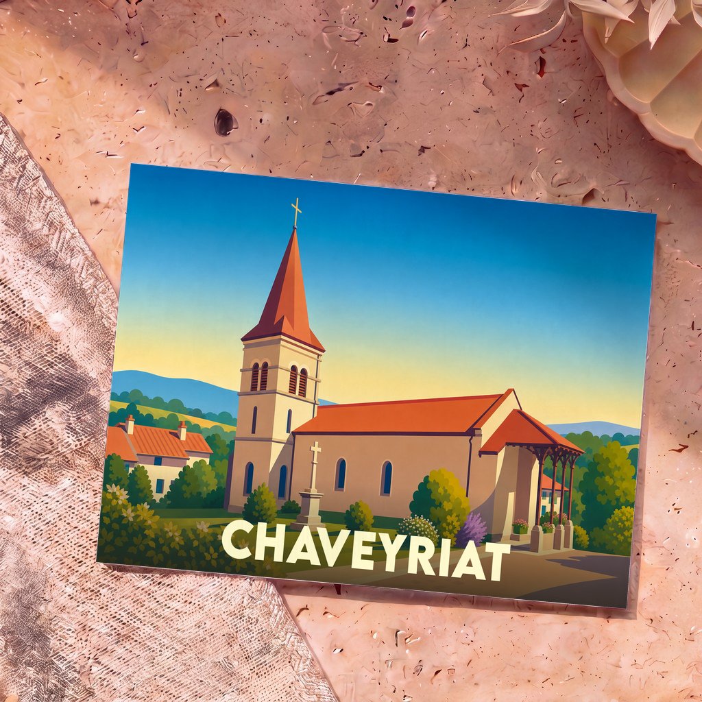 Carte postale souvenir de la ville de Chaveyriat avec une illustration stylisée de son église.