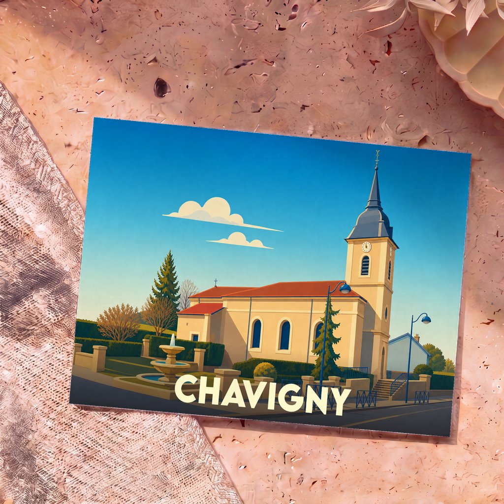 Carte postale souvenir de la ville de Chavigny représentant son église et une fontaine avec une illustration stylisée.
