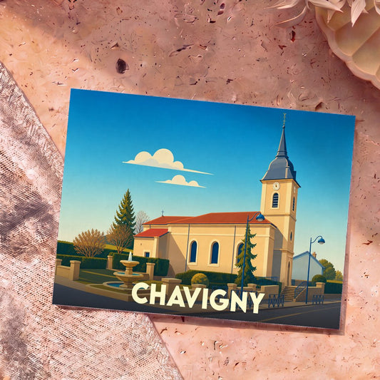 Carte postale souvenir de la ville de Chavigny arborant une illustration stylisée de son église et de sa fontaine.