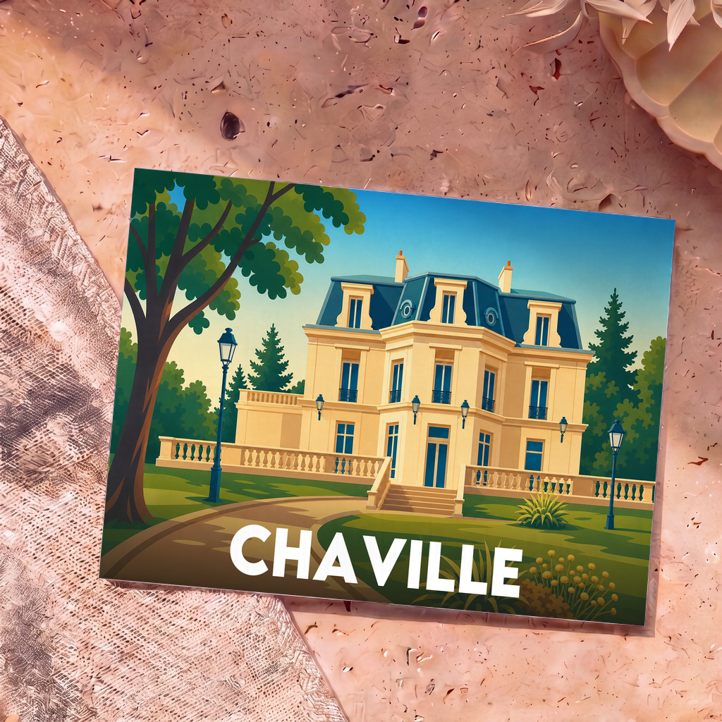 Carte postale souvenir de la ville de Chaville avec une illustration stylisée d'un élégant manoir.