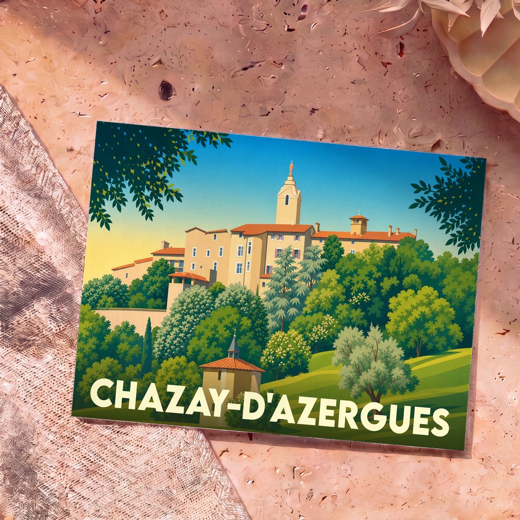 Carte postale souvenir de la ville de Chazay-d'Azergues avec une illustration stylisée du village perché.