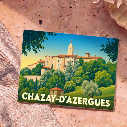 Carte postale souvenir de la ville de Chazay-d'Azergues avec une illustration stylisée du village perché.