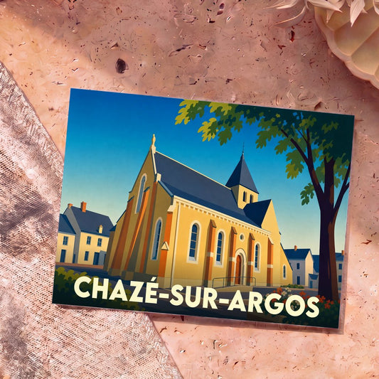 Carte postale souvenir de la ville de Chazé-sur-Argos avec une illustration stylisée de son église.