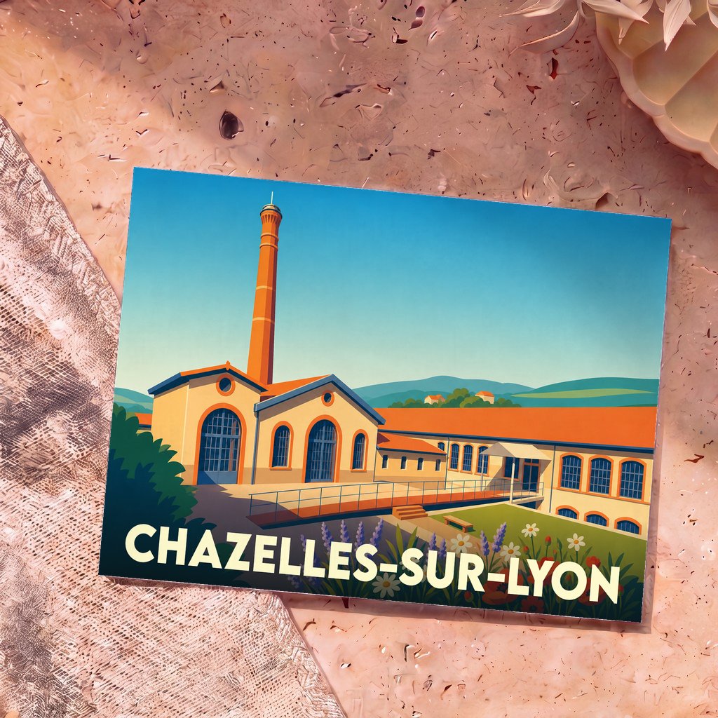 Carte postale souvenir de Chazelles-sur-Lyon illustrant l'ancienne chapellerie dans un style vintage et coloré.