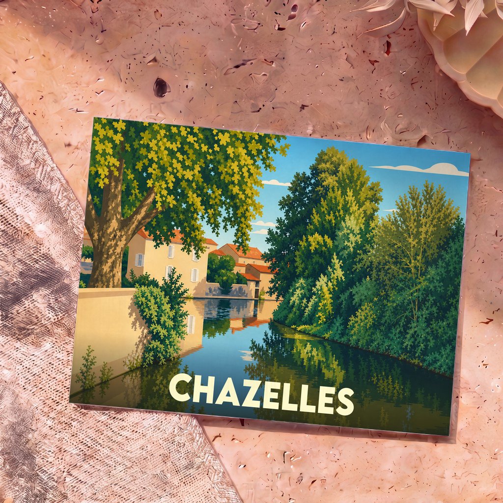 Carte postale souvenir de la ville de Chazelles avec une illustration stylisée d'un canal bordé de verdure.