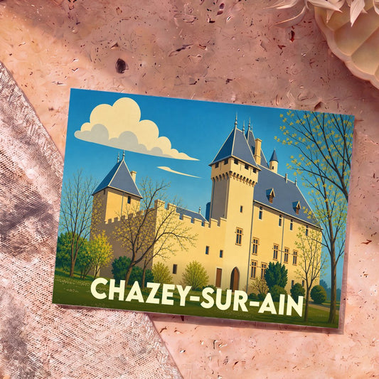 Carte postale souvenir de la ville de Chazey-sur-Ain avec une illustration stylisée de son château.