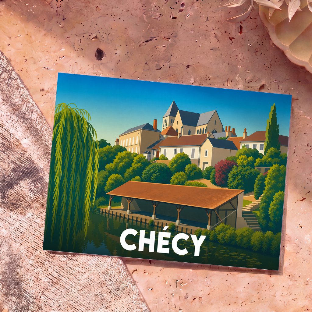 Carte postale souvenir de la ville de Chécy avec une illustration stylisée représentant ses bords de Loire.
