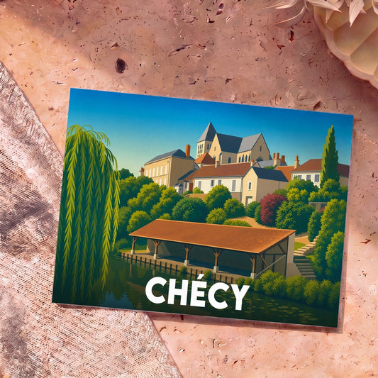 Carte postale souvenir de la ville de Chécy avec une illustration stylisée représentant ses bords de Loire.