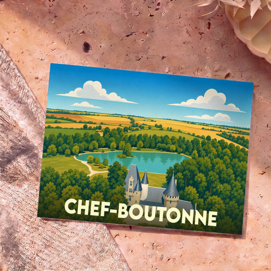 Carte postale souvenir de la ville de Chef-Boutonne avec une illustration stylisée de son château et de son étang.