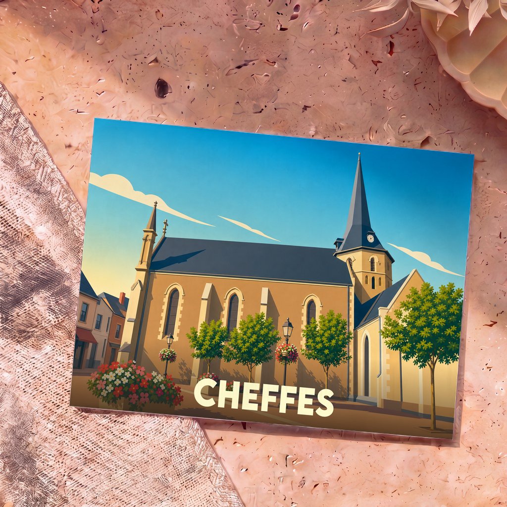 Carte postale souvenir de la ville de Cheffes avec une illustration stylisée de son église sous un ciel bleu.